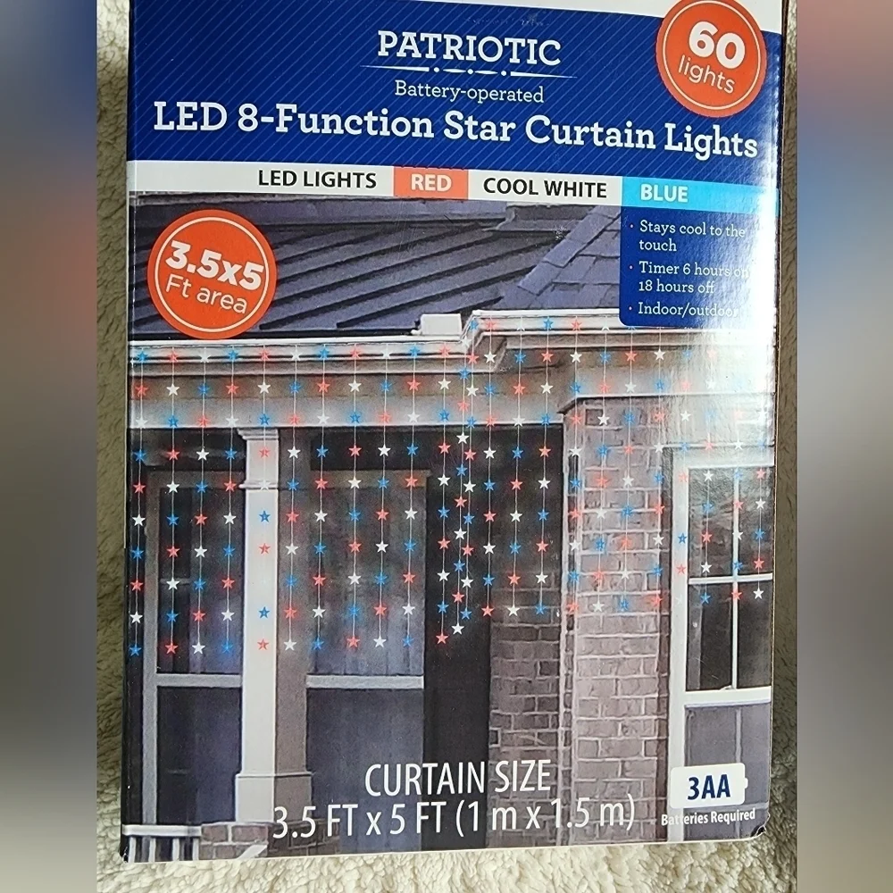 NWT Patriotic 60-Count 8-Function Battery-Operated LED Star Curtain Lights LOT